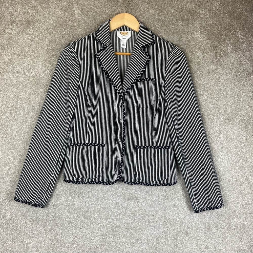 Talbots Blazer Womens 2 Black White Striped Stretch Cotton Jacket Classic- 3575